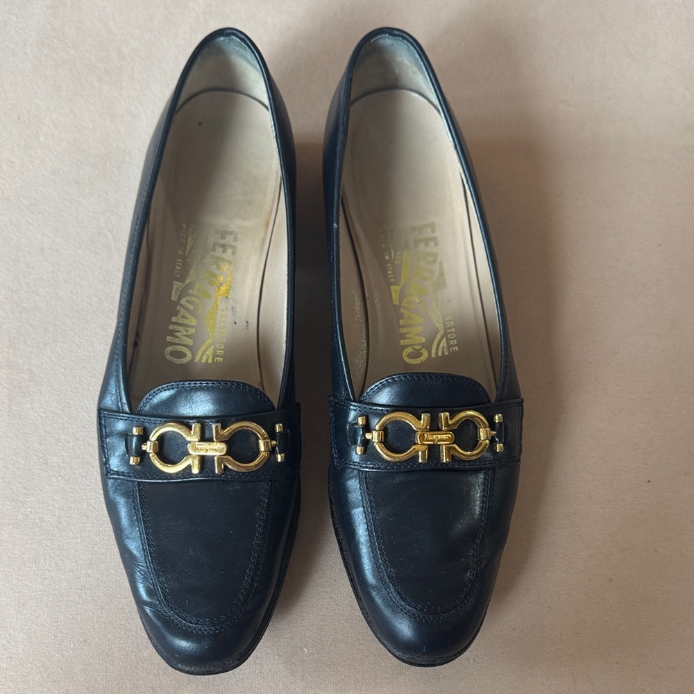 Salvatore Ferragamo Navy Loafers with Gold Accent